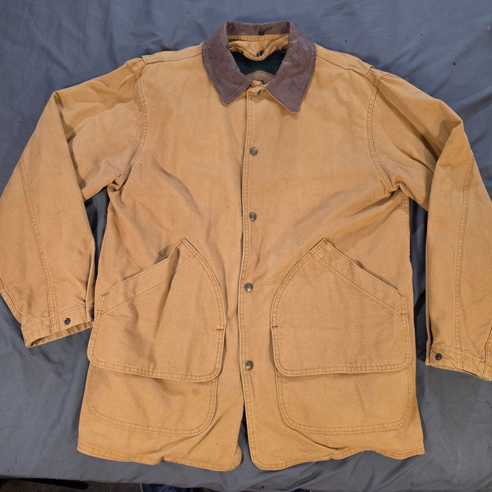 Woolrich Mens Barn Coat Tan Canvas Leather Collar Striped Wool Lining USA Made M